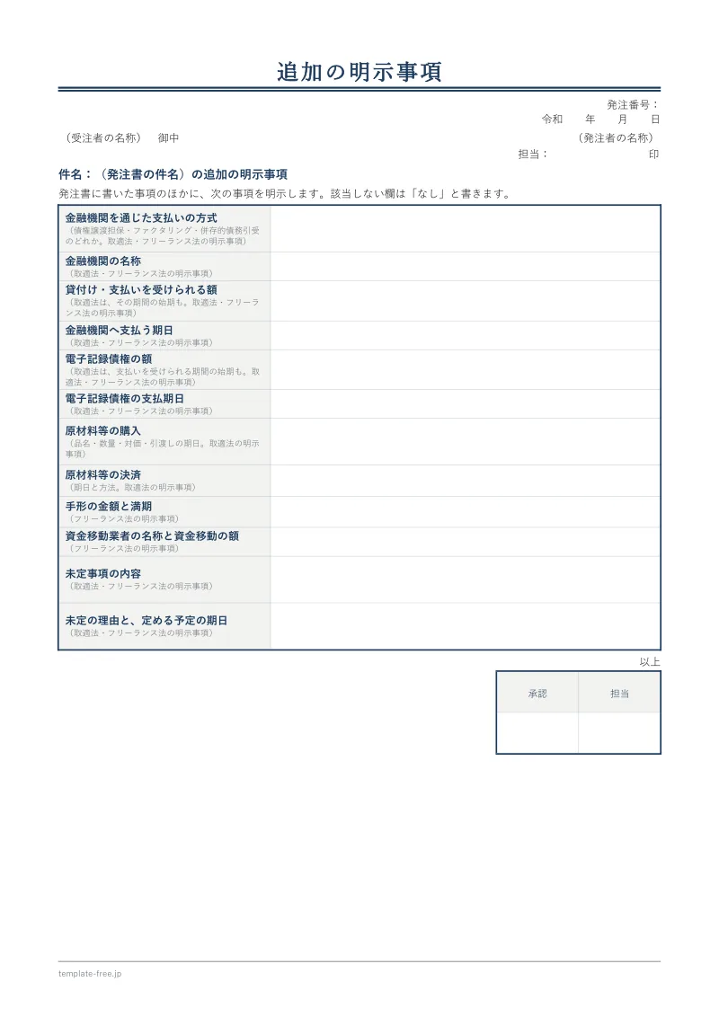 追加の明示事項の白紙。金融機関を通じた支払い、電子記録債権、原材料等の購入、手形、資金移動業者、未定事項の欄がある