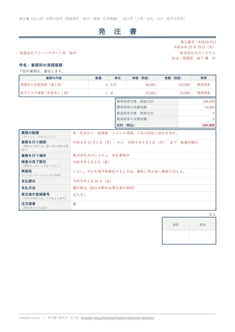 役務の提供（業務委託・保守・清掃・広告掲載）の記入例（赤字）。業務の範囲・業務を行う期間・業務を行う場所・検査の完了期日・再委託・支払期日・支払方法・受注者の登録番号・注文請書の欄がある