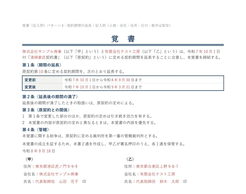 契約期間の延長の覚書の記入例。清掃委託契約書の契約期間を、令和8年9月30日までから令和9年3月31日までに延長する内容を、変更前と変更後の表で書いている