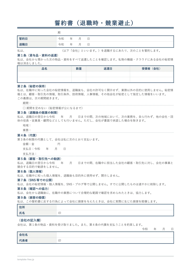 退職時の誓約書（競業避止つき）の白紙。退職後の競業の制限と代償の条の、期間・地域・業務・金額・支払日・支払方法がすべて空欄で、会社の記入欄にも署名の欄がある。