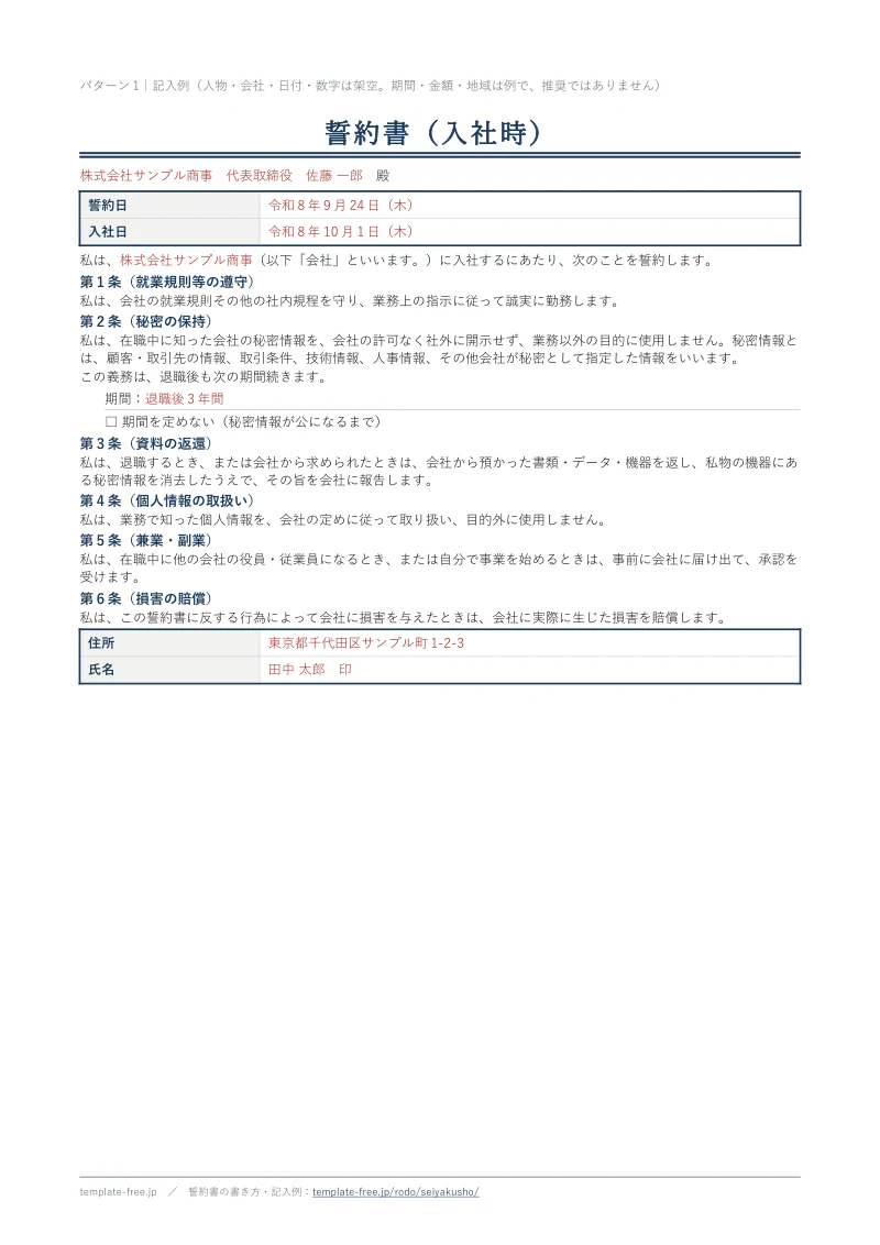 入社時の誓約書の記入例。株式会社サンプル商事あてに、田中 太郎さんが入社日と誓約日を書き、就業規則の遵守、秘密の保持、資料の返還、個人情報、兼業の届出、損害の賠償の6条に署名した見本。記入した部分は赤字。