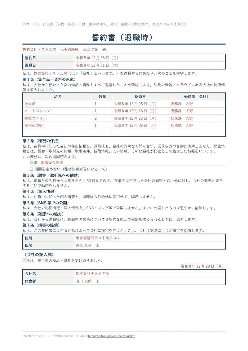 退職時の誓約書の記入例。鈴木 花子さんが、社員証、ノートパソコン、書類ファイル、事務所の鍵を返還した表と、秘密の保持、顧客・取引先への勧誘、個人情報、SNS、確認への協力の条に署名し、会社の受領欄に署名がある見本。記入した部分は赤字。