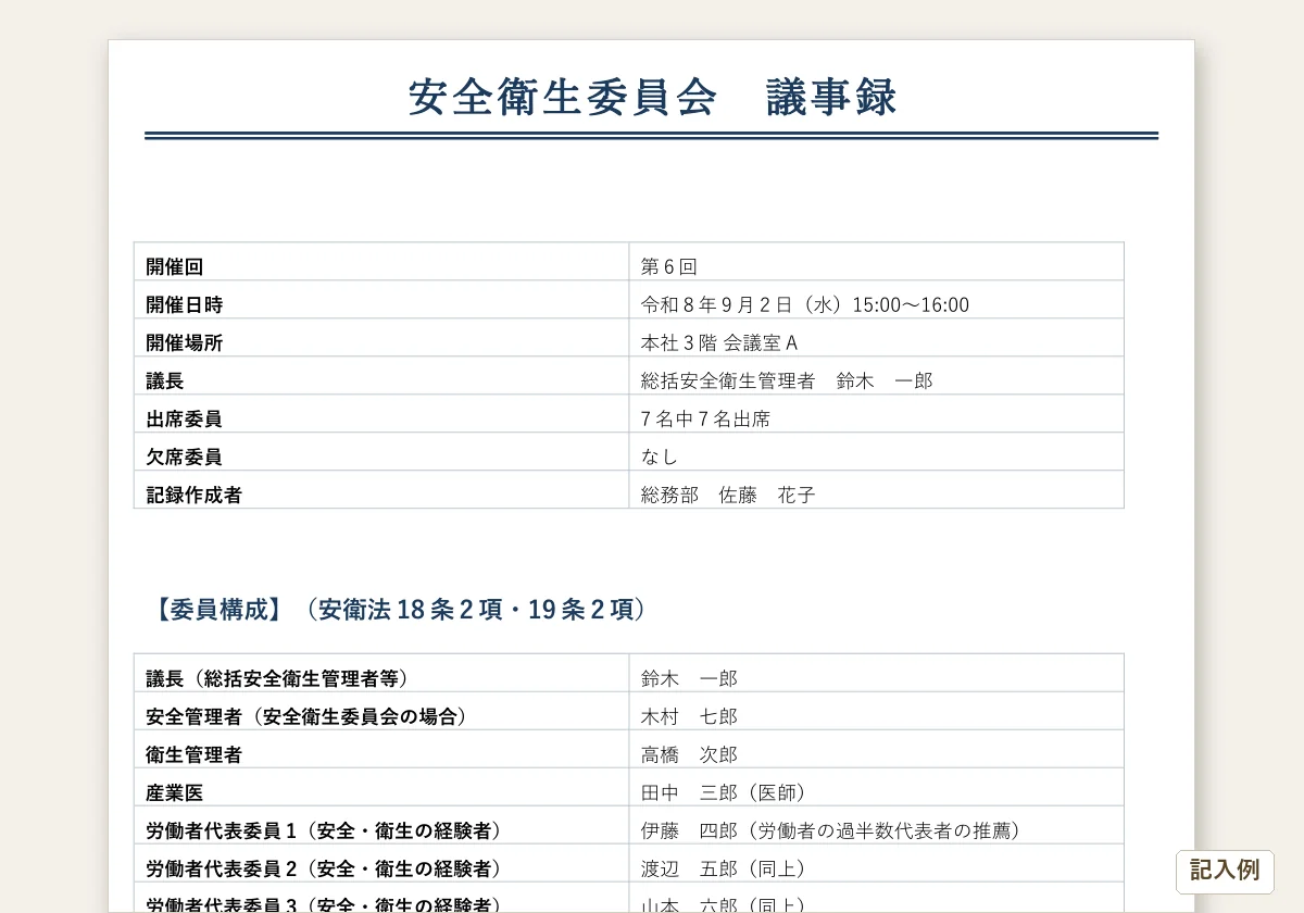 安全衛生委員会 議事録テンプレートのテンプレートプレビュー