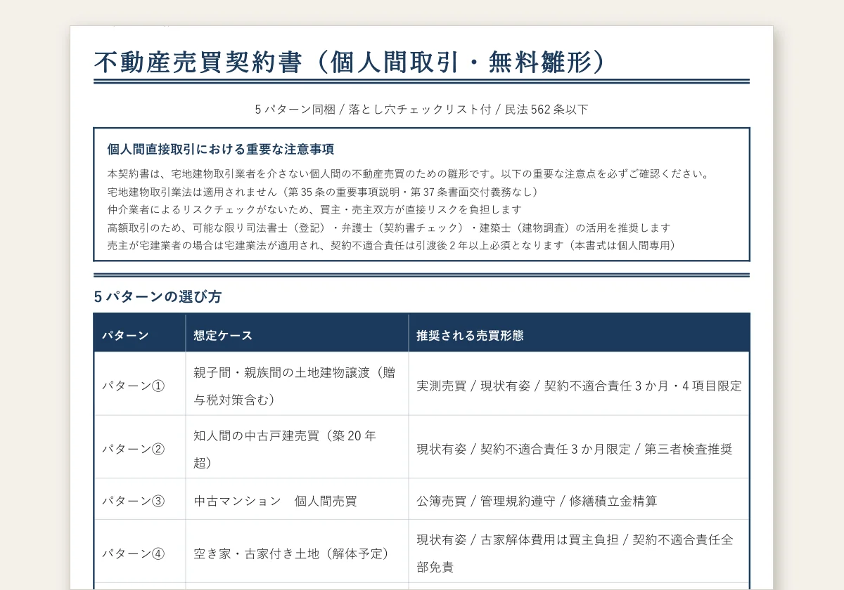 不動産売買契約書 個人間 無料のテンプレートプレビュー