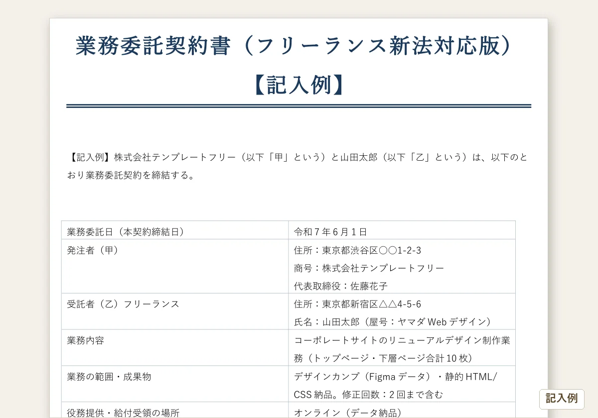 フリーランス新法対応 業務委託契約書のテンプレートプレビュー
