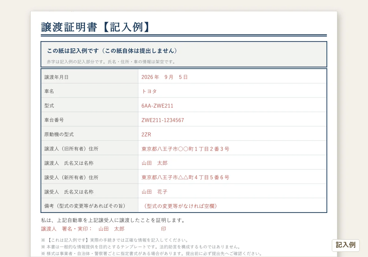 自動車移転登録 関連書類セットのテンプレートプレビュー