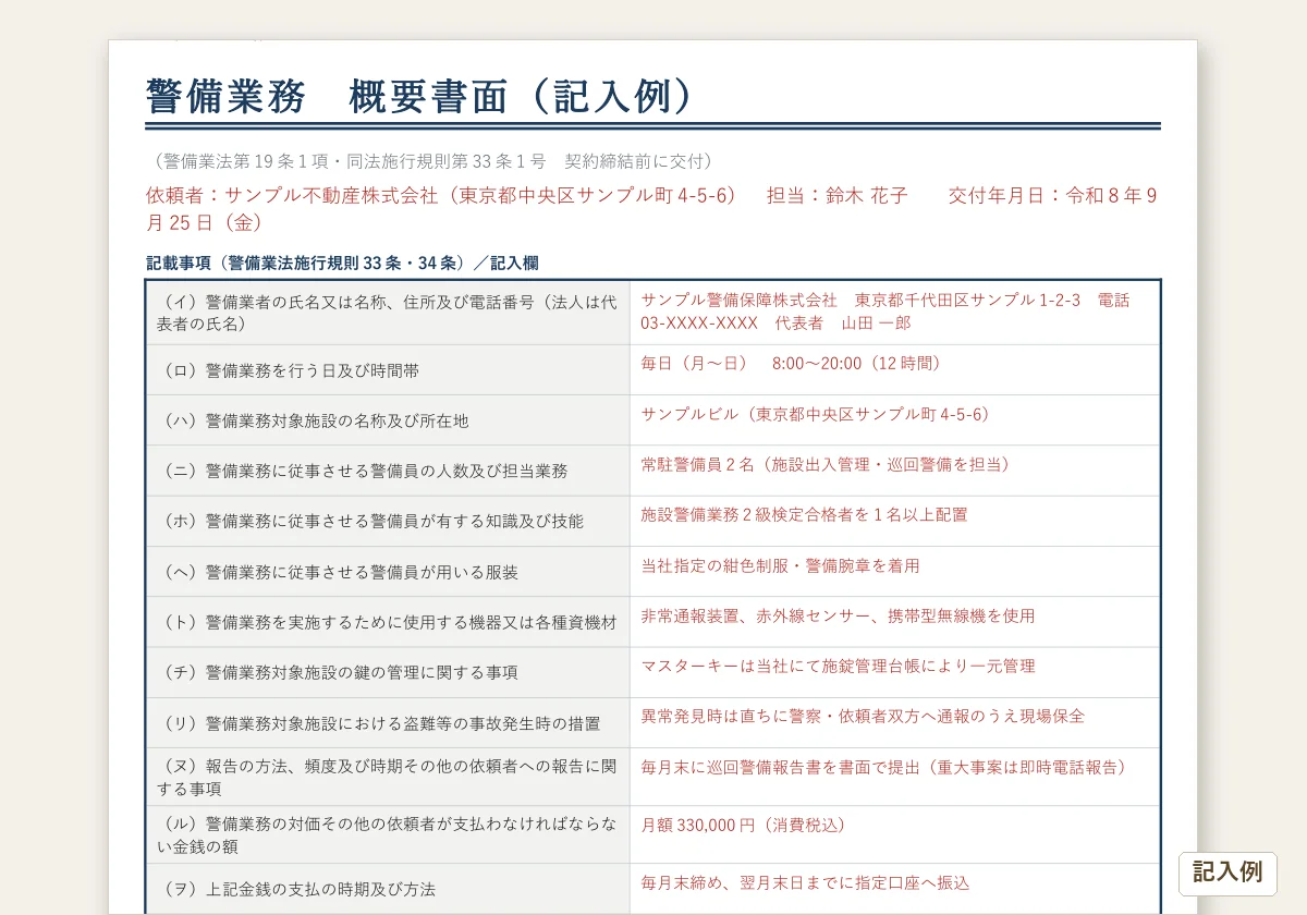 警備業務 契約前書面・契約時書面テンプレートのテンプレートプレビュー