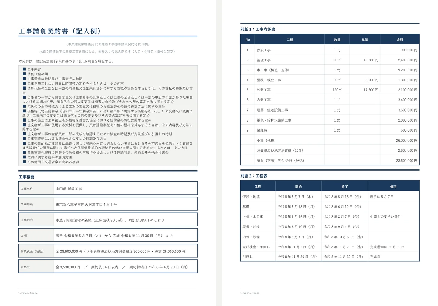 配布している工事請負契約書の記入例(Word)の1ページ目と別紙(工事内訳書・工程表)