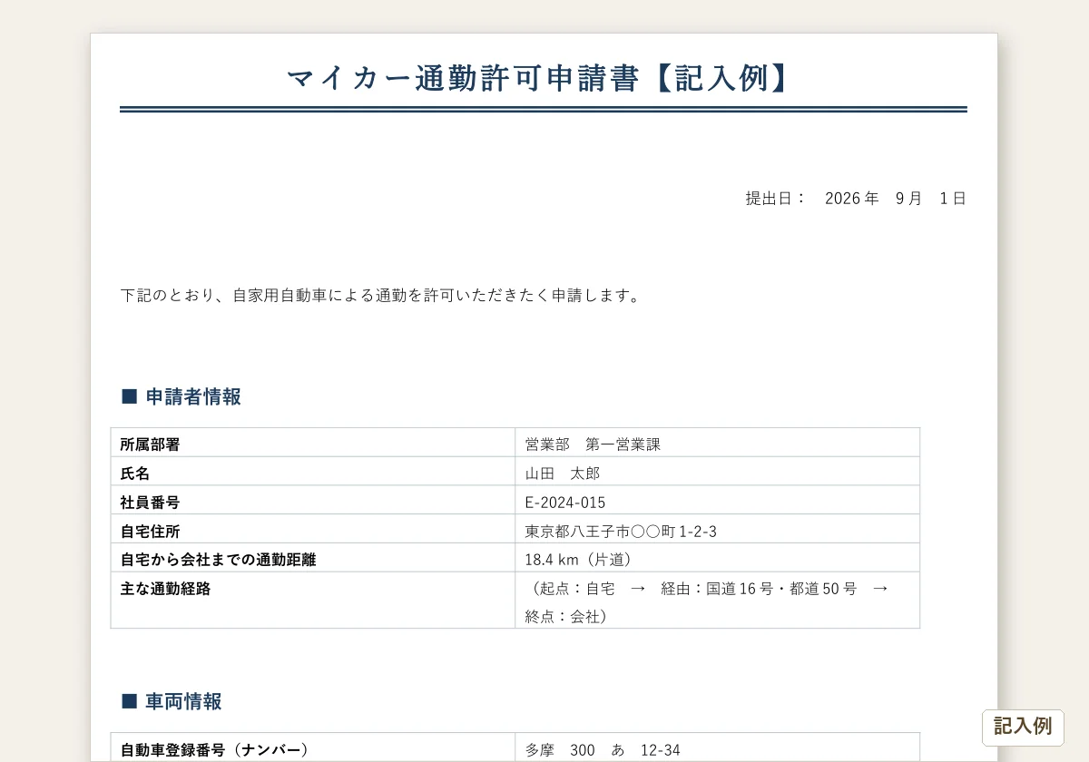 マイカー通勤許可申請書 記入例のテンプレートプレビュー