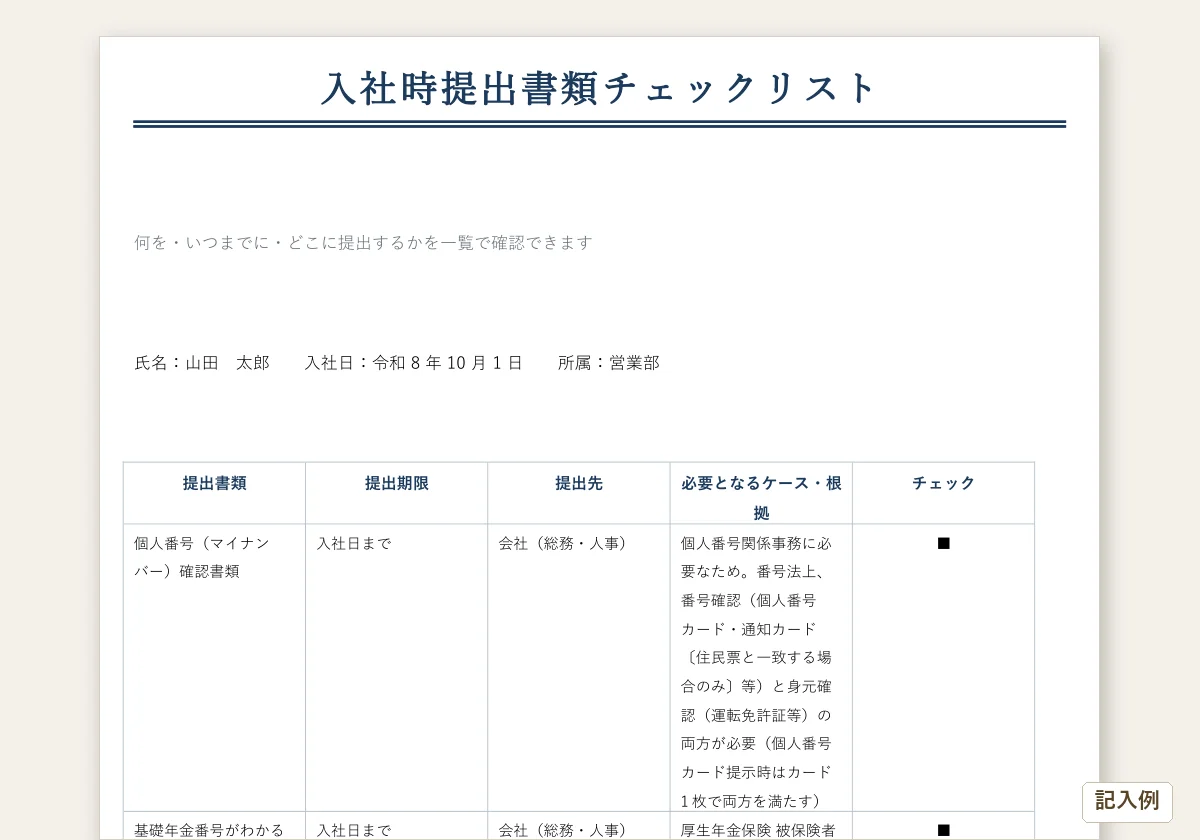 入社時提出書類チェックリストのテンプレートプレビュー