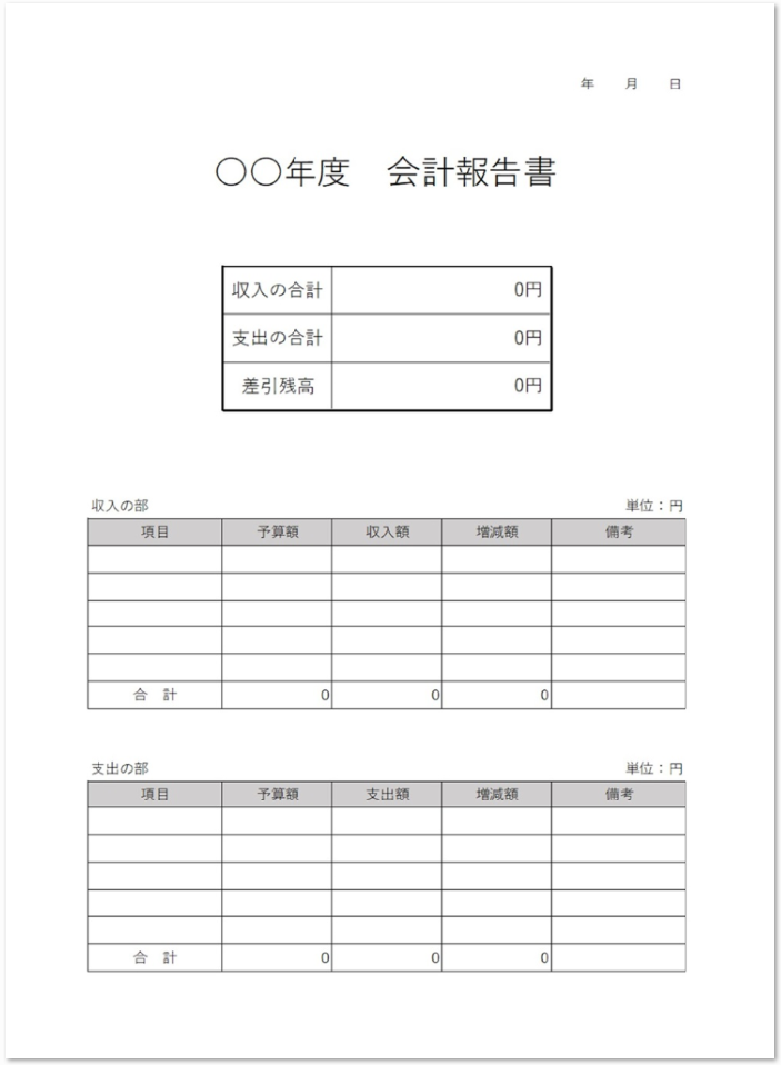 簡単な書き方・記入例が入っている収支強調の会計報告書