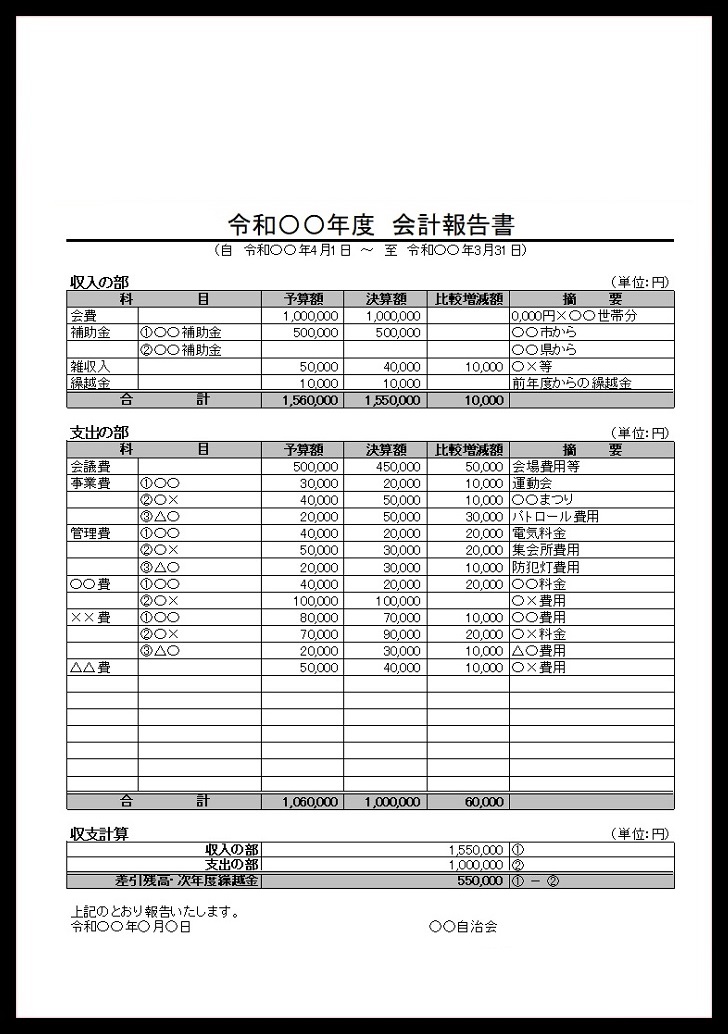 色々と使える会計報告書「Excel・pdf」書類